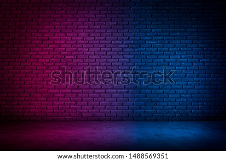 Lighting Effect red and blue on brick wall for background party happiness concept , For showing products or placing products Royalty-Free Stock Photo #1488569351