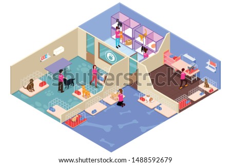 A vector illustration of Isometric People Volunteering in Animal Shelter