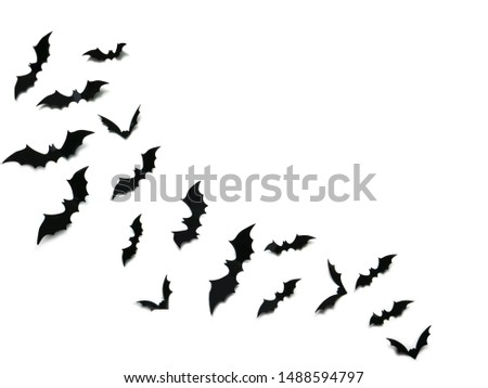 Flying black bats over white background, Halloween decoration concept. 