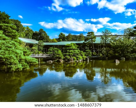beautiful japanese traditional garden with pond