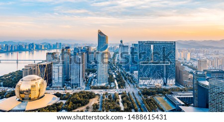 Long distance scenery of Hangzhou city skyline in Zhejiang China