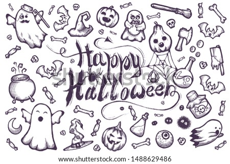 Hand-drawn vector set of Halloween cartoon doodles.