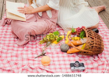 Two cheerful young women have a picnic outdoors on a summer day. Two girlfriends in retro vintage style clothes spend time together on the pond pier. Crop photo