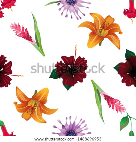 Red Angel Trumpet. Red Rose Mallow. Purple Osteospermum Daisybush. Red and Pink Ginger. Orange Daylily. Vector illustration. Seamless background pattern. Floral botanical flower. Wild leaf.