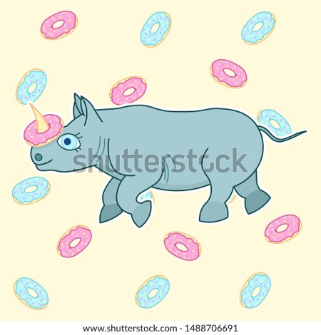 adorable baby rhino with sweet donuts background, cute cartoon animal, editable vector illustration