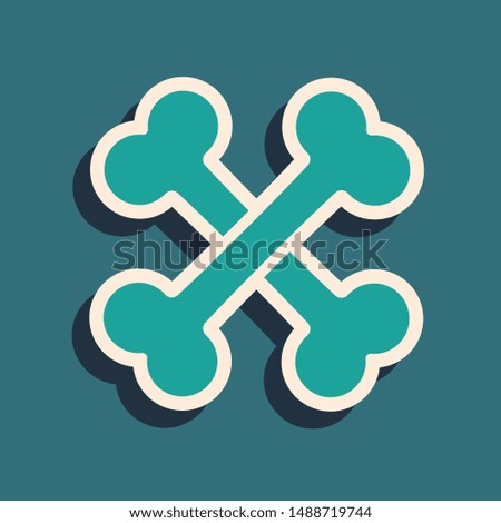 Green Crossed bones icon isolated on blue background. Pets food symbol. Long shadow style. Vector Illustration