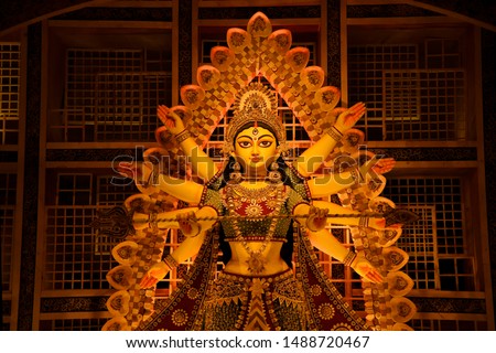  Godess Durga idol in a Pandal.Durga Puja is the most important worldwide hindu festival for Bengali 

 Royalty-Free Stock Photo #1488720467