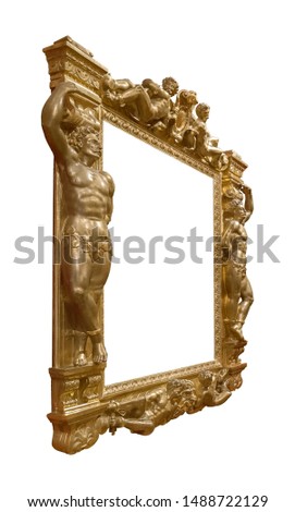 Golden frame for paintings, mirrors or photo in perspective view isolated on white background. Design element with clipping path