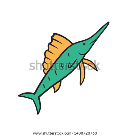 Sailfish green color icon. Swimming fish with sharp long nose. Undersea swordfish animal. Fishing. Aquatic creature. Marine nature. Ocean fauna, sea inhabitant. Isolated vector illustration