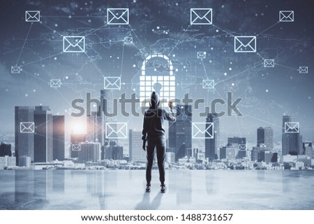 Unrecognizable hacker using abstract padlock social network interface on blurry night city background. Protection and malware concept. Double exposure 