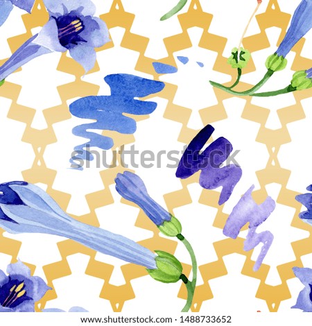 Blue brugmansia floral botanical flowers. Wild spring leaf wildflower. Watercolor illustration set. Watercolour drawing fashion aquarelle. Seamless background pattern. Fabric wallpaper print texture.