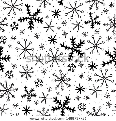 Christmas holidays seamless background in vector with snowflake. Cute Funny seamless winter snow background. Black and white, monochrome line of decoration. Doodle