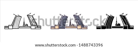 Saint Petersburg sigtseeing and landmark - glyph icons, outline and colored flat signs, palace drawbridge and Admiralty, view of the city, bridge and fortress, the cultural capital of Russia, vector Royalty-Free Stock Photo #1488743396