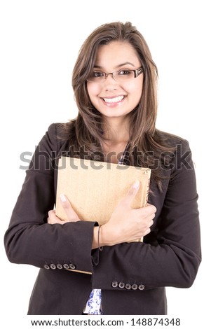 Pretty smiling hispanic teacher  Isolated on white background