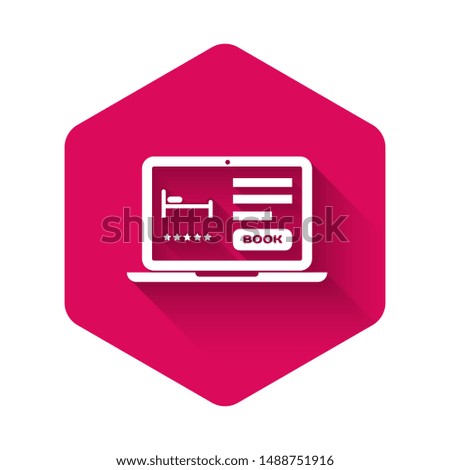 White Online hotel booking icon isolated with long shadow. Online booking design concept for laptop. Pink hexagon button. Vector Illustration