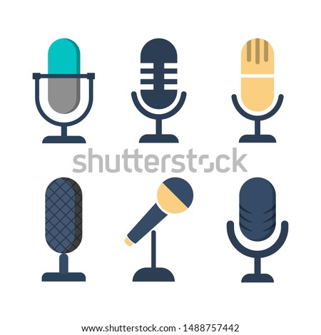 Microphone icon set. Collection of the sound record equipment. Karaoke and vocal button. Isolated vector illustration in flat style
