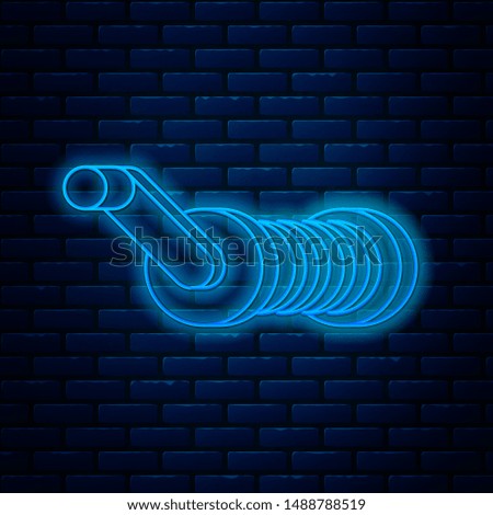 Glowing neon line Spinning reel for fishing icon isolated on brick wall background. Fishing coil. Fishing tackle.  Vector Illustration