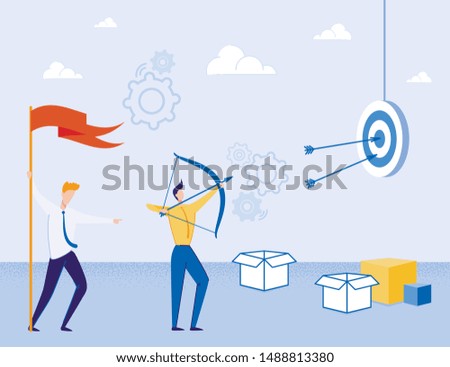 Creative Way to Achieve Business Goal Metaphor. Man Holding Red Winner Flag. Guy Aiming with Bow at Target. Thinking Out Box. Increase Motivation. Successful Mission. Vector Flat Cartoon Illustration