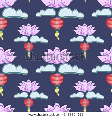 Mid autumn festival background with rabbits, moon cake, lotus, clouds and chinese lanterns. Vector seamless pattern.