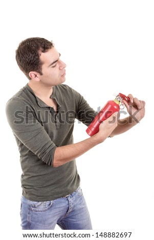 A man holding a fire extinguisher, isolated on white