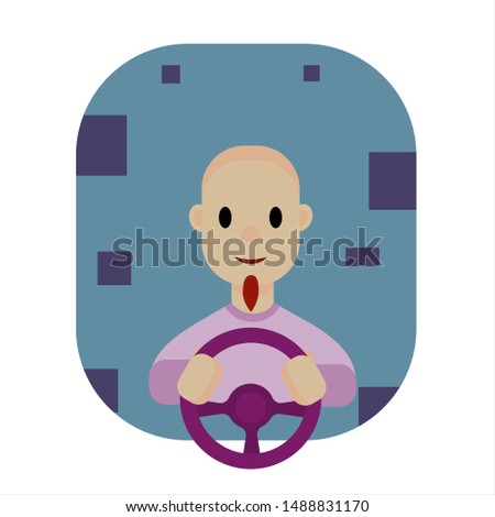 Vector illustration. The driver of the car. Cheerful young bald man with a small beard, dressed in a violet sweater on a dark blue background. Clip art.