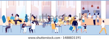 People in restaurant. Guys eating at dinner table in cafe. Teenagers snacking meal in food court, cafeteria interior vector concept Royalty-Free Stock Photo #1488831191
