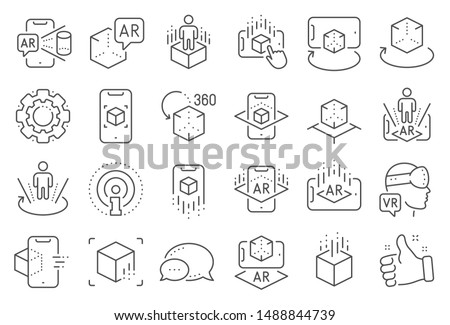 Augmented reality line icons. VR simulation, Panorama view, 360 degree. Virtual reality gaming, augmented, full rotation arrows icons. 360 vr tour, virtual simulation device. Line signs set. Vector Royalty-Free Stock Photo #1488844739