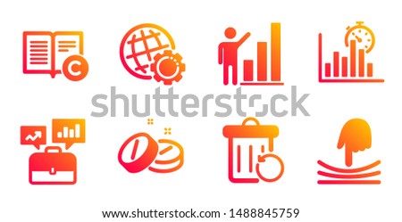 Copyright, Business portfolio and Medical tablet line icons set. Report timer, Globe and Graph chart signs. Recovery trash, Elastic symbols. Copywriting book, Job interview. Science set. Vector