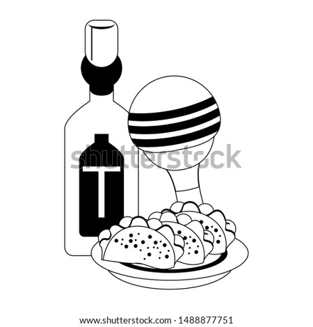 mexico culture and foods cartoons tequila bottle and tacos on plate also the rattle vector graphic design