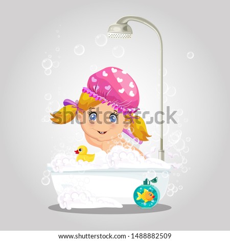 Baby in bath. Cute girl character in pink washing hat taking bubble bath with foam, playing with rubber duck and goldfish toys in bathroom isolated on gray background, cartoon illustration