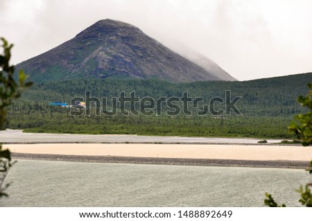 View of Apatity Mountains with power lines, Russia