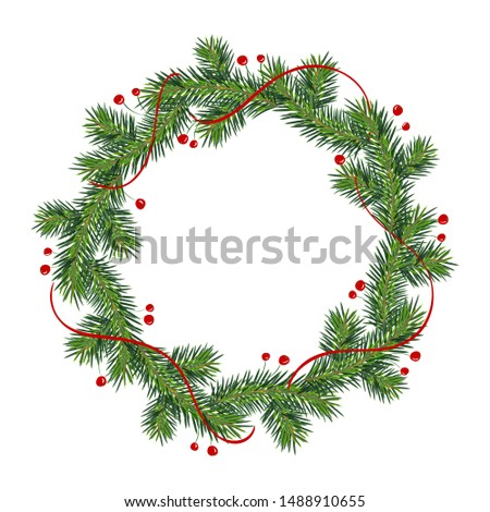 New year and Christmas wreath. winter garland with red holly berries on green branches, isolated on white background. Greeting card. Happy xmas vector retro holiday design Royalty-Free Stock Photo #1488910655