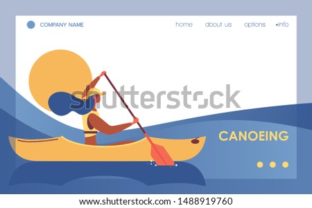 Canoeing woman in river or lake landing page template. Vector banner with blue wave and flat character good for kayaking school or outdoor leisure activity with canoe Royalty-Free Stock Photo #1488919760