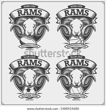 Volleyball, basketball, football and soccer emblems with rams. Design elements for sport club. Print design for t-shirts.
