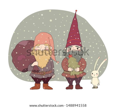 two old Christmas gnomes and a hare. New Year card