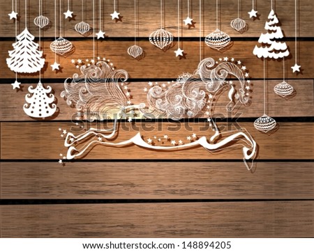 Beautiful color jumping horse over wood background, symbol 2014 new year, VECTOR
