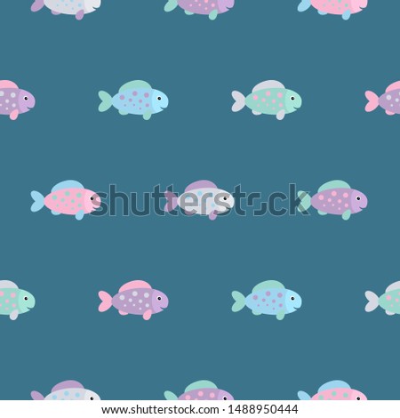 Small colorful cute fishes on blue background. Abstract vector seamless pattern in flat style. pastel colors