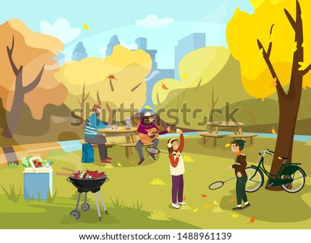 Vector illustration of family having picnic in autumn park. Kids playing badminton. Woman playing the guitar, man sitting at the table with sandwiches and thermos. Barbeque with food, cooler bag. 