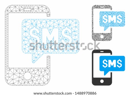 Mesh phone SMS model with triangle mosaic icon. Wire frame triangular mesh of phone SMS. Vector mosaic of triangle parts in different sizes, and color hues. Abstract flat mesh phone SMS,