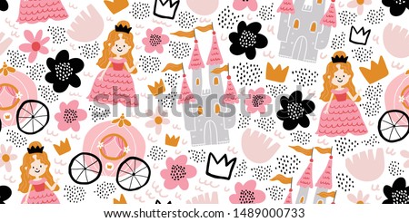 Childish seamless pattern with princess, castle, carriage in scandinavian style. Creative vector childish background for fabric, textile. Scandinavian design. Kids pattern. - Vector