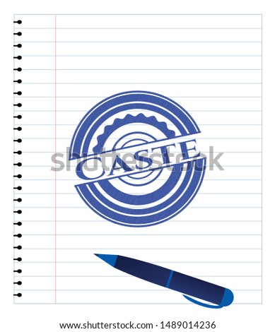 Caste emblem draw with pen effect. Blue ink. Vector Illustration. Detailed.