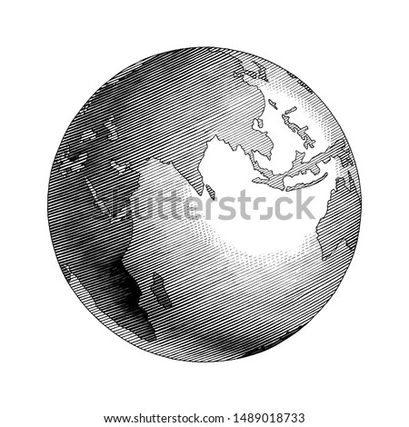 Antique globe hand drawing vintage style black and white clip art isolated on white background