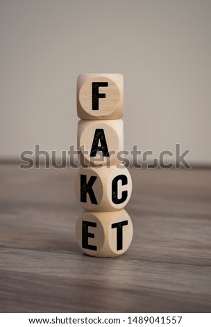 Tower made with cubes and dice with the words fake and fact Royalty-Free Stock Photo #1489041557