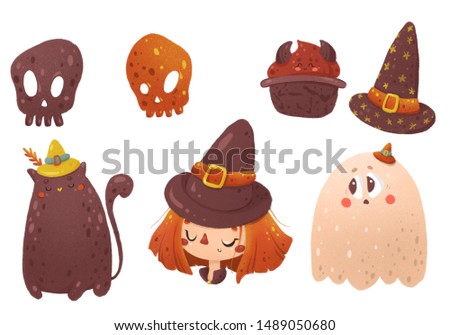 Halloween holiday illustrations with characters, girls, pumpkins, cats and skulls.