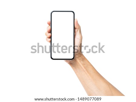 Man hand holding black smartphone isolated on white background, clipping path Royalty-Free Stock Photo #1489077089