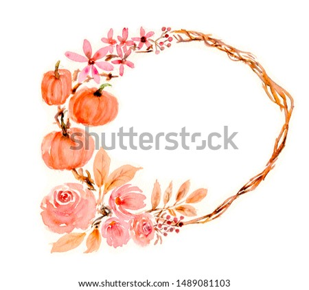 Autumn wreath, flowers and pumpkin. Pastel pink and orange watercolor illustration painted on texture paper, isolated on white with copy space. Fall greeting, Thanksgiving, Halloween theme concept. 