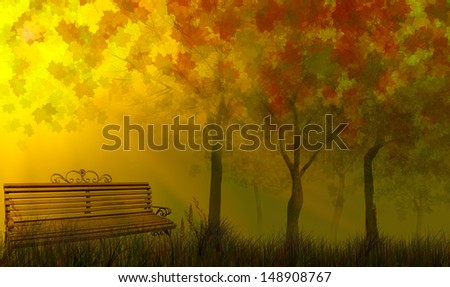 bench  near fall golden trees in grass under sunlight