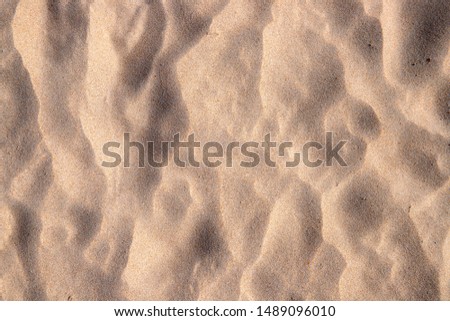 Beach sand texture with step marks. Sandy seashore top view photo. Tropical beach minimal banner template. White sand under hot sun. Exotic place for summer vacation. Thailand or Caribbean seaside