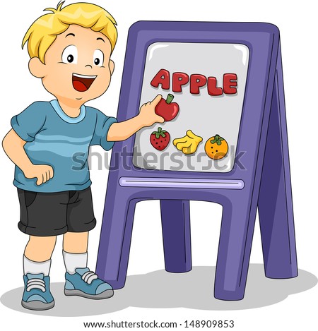 Illustration of Kid Boy Placing an Apple on Board
