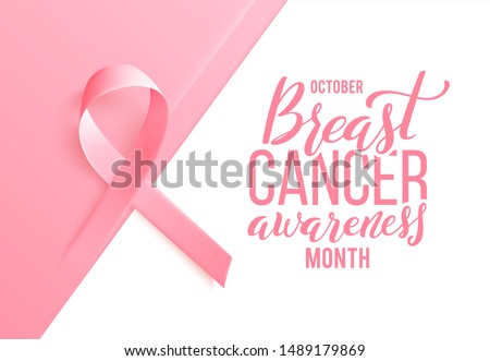 Realistic pink ribbon over white background with shadow. Symbol of world breast cancer awareness month in october. Vector illustration.